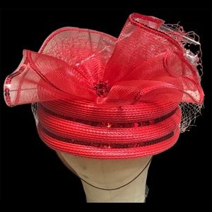 Red Sequin Straw Netted Church Lady Hat Small/Medium